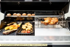 Outdoorchef Dualchef S 425 G Edelstahl Gasgrill Mit Seitenkocher + Blazing Zone Infrarotbrenner + DGS Gusseisen Grillrost 2 Stk. + DGS Gemüse Grillrost 2 Stk. -Broil King Geschaft Outdoorchef Dualchef S 425 G Zone Divider Drehspiess